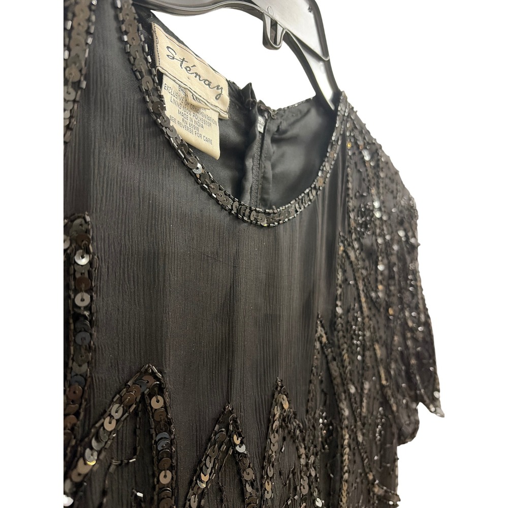 Silk Gown Beaded Vintage Stenay Womens 10 Black Sequin Art Deco Evening Dress - Picture 3 of 6